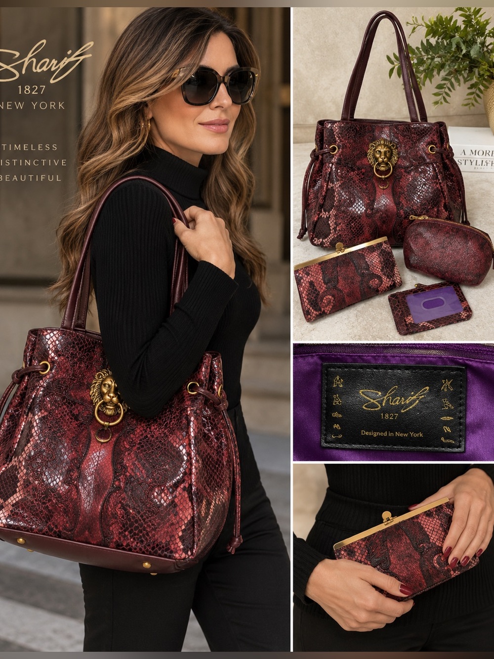 Sharif Burgundy Snake-Print Tote Bag with Gold Lion Hardware and 4 pieces set